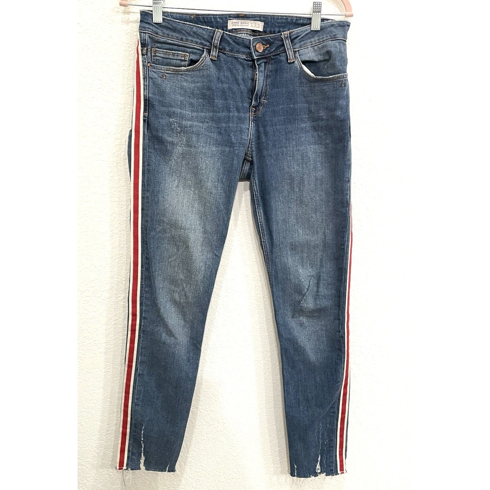 ZARA Basic‎ Denim Jeans Size 6 Red Stripe Distressed Raw Hem Ankle Retro Casual